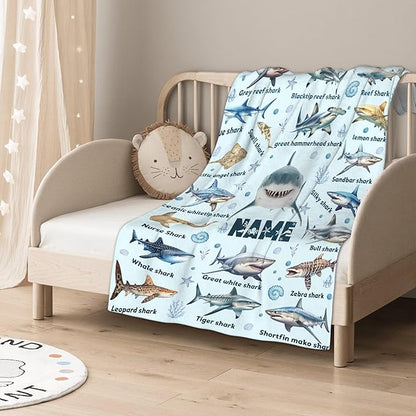 Personalized Custom Shark Ocean Baby Blanket with Name - Swaddle Blanket for Toddlers, Infants, Kids, Newborns - Nursery Stroller Crib Decor Throw - Birthday Gift