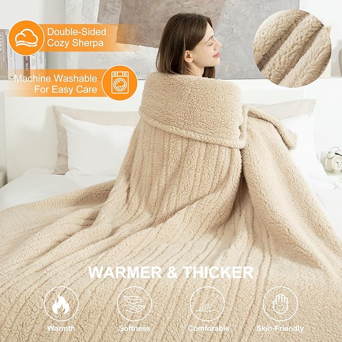 Heated Throw Blanket 50"X60"- Soft Double Sided Sherpa Electric Throw Blanket with 5 Heatings Levels & 4 hrs Auto Shut Off, Overheat Protection & ETL Certified for Women(Beige)