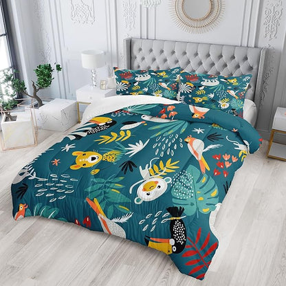 Kids Zoo Animal Twin Bedding Sets, Cartoon Wild Animals Comforter Set Safari Animals Print Comforter for Boys Girls Children Teens Bedroom Decor with 1 Comforter and 2 Pillowcases