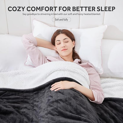 Heated Blanket Electric Blanket Twin Size Soft Flannel Sherpa, 6 Heat Levels Fast Heating, 2 to 10 Hours Auto-Off Detachable Controller Machine Washable, Grey 62"x84"