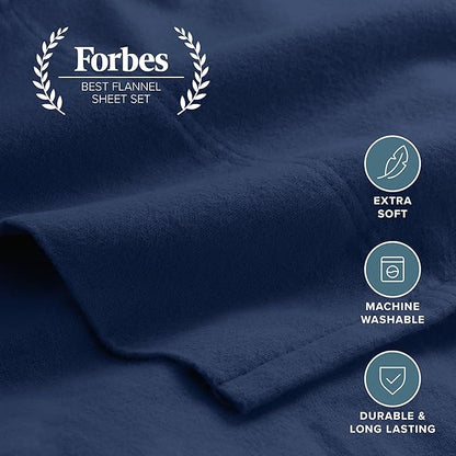 Bare Home Flannel Sheet Set 100% Cotton, Velvety Soft Heavyweight - Double Brushed Flannel - Deep Pocket (Twin, Dark Blue)