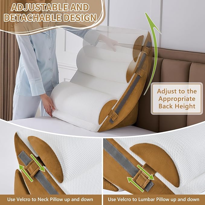 9PCS Wedge Pillow Set for After Surgery Recovery, Adjustable Memory Foam Neck Pillow, Foam Leg Pillow, Relieves Neck, Leg Pain, Sleep Apnea, and Functions as a Reading Pillow Brown