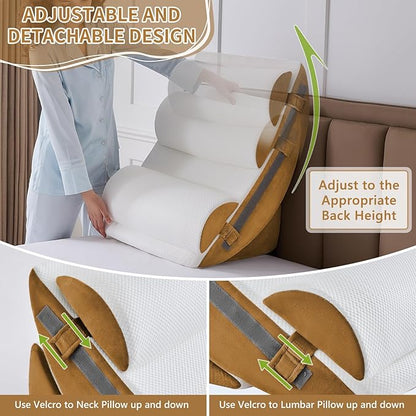 9PCS Wedge Pillow Set for After Surgery Recovery, Adjustable Memory Foam Neck Pillow, Foam Leg Pillow, Relieves Neck, Leg Pain, Sleep Apnea, and Functions as a Reading Pillow Brown