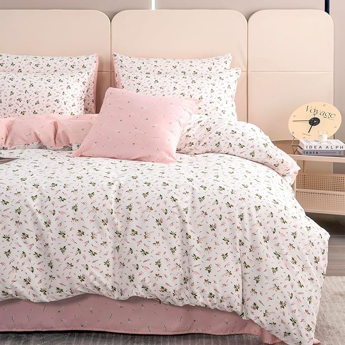 Duvet Cover King Floral 100% Brushed Microfiber 3 Pieces Fresh Chic Garden Style Pink Botanical Flower Printed Pattern King Floral Duvet Cover with Zipper Closure