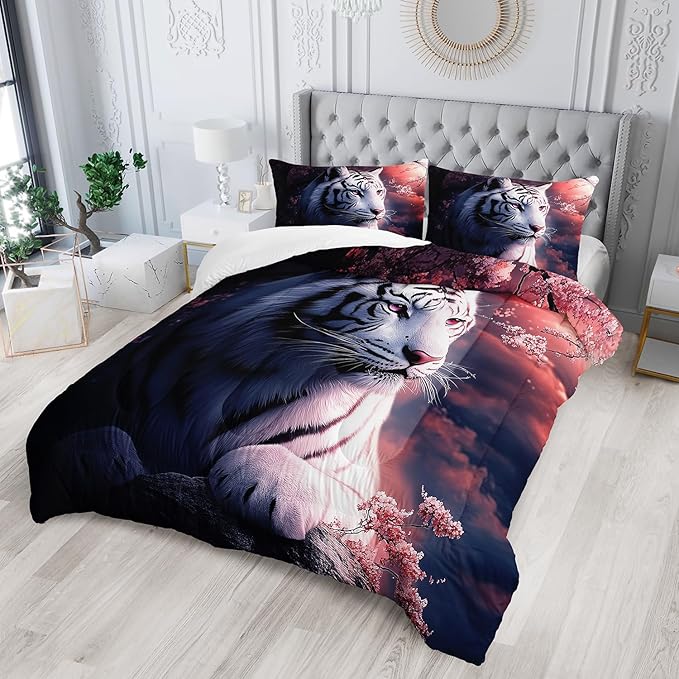 White Tiger Wild Animal Floral Comforter 3Pcs Twin 3D Safari Animal Hunting Theme Flower Bedding Set for Kid Teen Boy Girl Adult Cherry Blossoms Quilt Decor with 1 Comforter and 2 Pillowcases