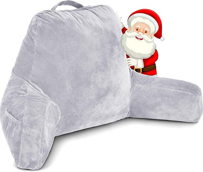 Husband Pillow Light Grey, Original Reading Pillow in Bed Rest Chair, Shredded Memory Foam Large Lounge Cushion Adult Backrest with Arms, Comfy Back Support for Sit Sitting Up, Wash/Removable Cover