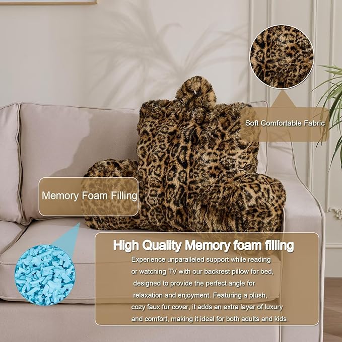 Reading Pillows for Boyfriend Adult,Velvet Back Pillow Bed Wedge Large, Back Rest Support Cushion for Sitting Up in Bed/Couch for Bedrest 18inch-Leopard Brown