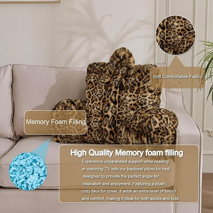Reading Pillows for Boyfriend Adult,Velvet Back Pillow Bed Wedge Large, Back Rest Support Cushion for Sitting Up in Bed/Couch for Bedrest 18inch-Leopard Brown