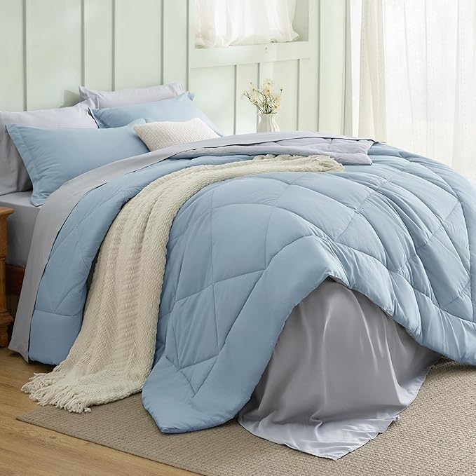 Bedsure Twin Comforter Set - 5 Pieces Reversible Sky Blue Bedding, Twin Size Bed Set for All Seasons, Bed in a Bag with Down Alternative Comforter, Sheets, Pillowcase & Sham