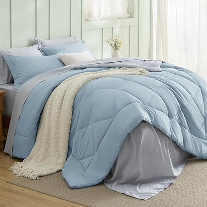 Bedsure Full Size Comforter Set - 7 Pieces Reversible Sky Blue Bedding, Full Size Bed Set for All Seasons, Bed in a Bag with Down Alternative Comforter, Sheets, Pillowcases & Shams