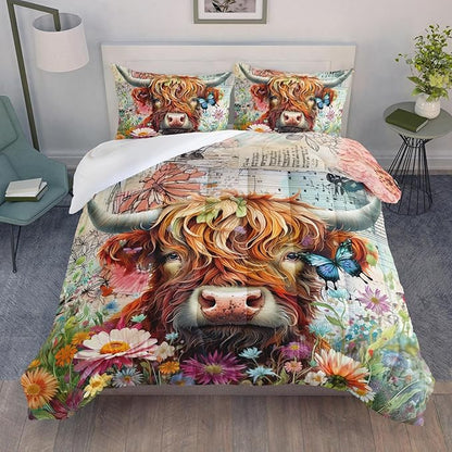 Cow Bedding Funny Animal Themed Comforter 3Pcs Queen Colorful Flower Cattle Print Comforter Set for Kids Teens Girls Boys Butterfly Bedroom Bed Decor with 1 Comforter and 2 Pillowcases