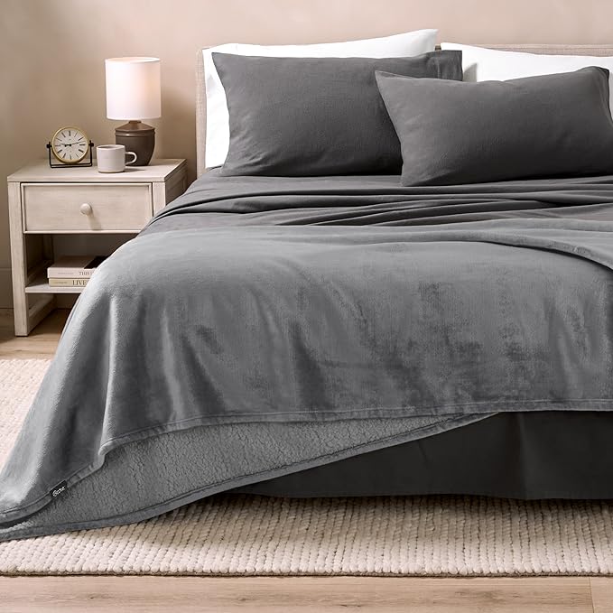 Bare Home Sherpa Fleece Blanket - Full/Queen Size - Blanket for Bed, Sofa, and Couch - Warm & Lightweight - Fluffy & Soft - Reversible (Full/Queen, Grey with Grey Sherpa)