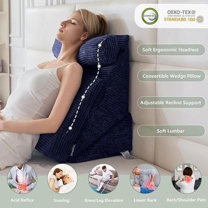 HIGOGOGO 10PCS Orthopedic Bed Wedge Pillow Set – Adjustable Soft Foam Body Positioners for After Surgery Recovery, Back & Leg Pain Relief, Sitting Up in Bed, Acid Reflux & GERD, Navy