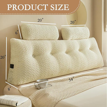 YOUR MOON Wedge Headboard Pillow Full with 2 Pack Neck Roll Pillows, Triangular Wedge Backrest Pillow Headboard for Bed,Daybed,and Lounging, Large Bed Bolster Pillows,Off White