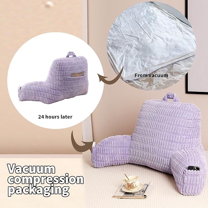 Reading Pillow for Sitting in Bed, Large Backrest Reading Pillow with Arm Rest,Back-Rest Support Cushion for Sit Up on Couch, Sofa, and Floor (Light Purple Corduroy, Standard(17"))