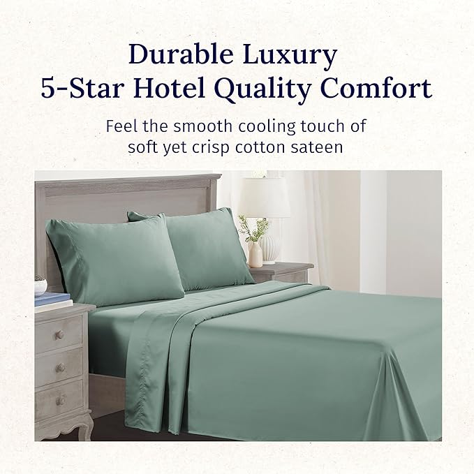 California Design Den - Luxury Full Size Sheet Set - 100% Cotton, 600 Thread Count Deep Pocket Full Size Bed Sheets, Hotel-Quality Cooling Sheets with Sateen Weave (Sage Green - Cool Tone)