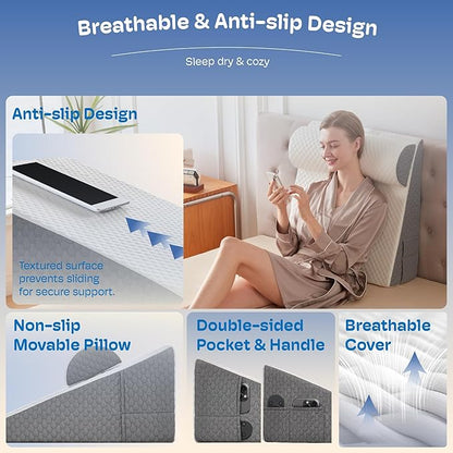 7.5" Bed Wedge Pillow for Sleeping with Headrest, Wedge Pillow Set for After Surgery Acid Reflux Back Pain Relief, Snoring & Gerd Memory Foam Triangle Incline Headboard Wedge Pillows