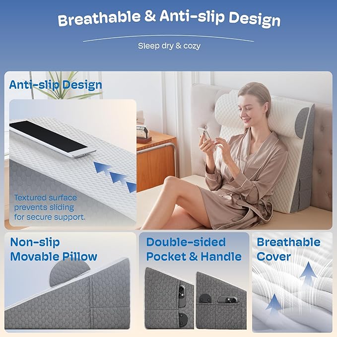 Wedge Pillow with Adjustable Pillow, 7.5" Wedge Pillow for Acid Reflux and Back Pain Relief, Snoring, Bed Wedge Pillows for Sleeping After Surgery. Cooling Memory Foam Top