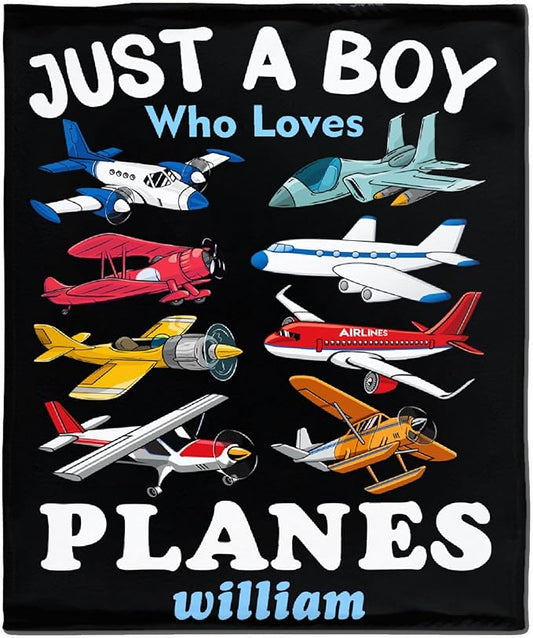 Custom Airplane Blanket for Boys Kids Child Toddler Just A Boy Who Loves Planes Blanket Warm Plush Fleece Planes Throw for Bed Sofa Office Decor Custom Airplane Gifts Ideas 30"x40"-XS