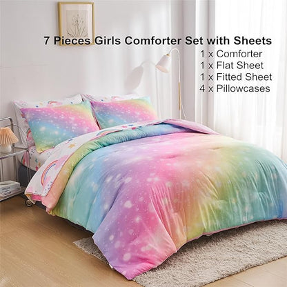 Rainbow Girls Full Comforter Set with Sheets, 7 Pieces Full Bed in a Bag with Comforter, Sheets and Pillowcases, Soft Microfiber Pastel Glitter Fun Girly Full Bedding Set for Kids Teens