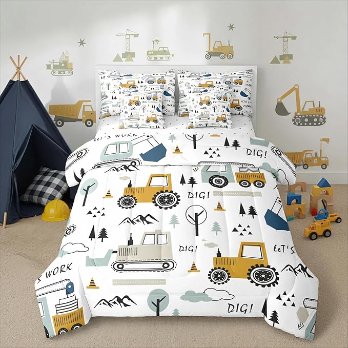 Feelyou Cartoon Car Kids Comforter Set with Sheets 7 Piece Full Size Construction Bedding Set Boys Decor Equipment Trucks Bed in a Bag Excavator Tractor White Yellow Bed Set Bedroom