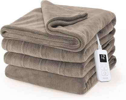 Sunbeam Electric Royal Luxe Microplush Heated Blanket, 12 Heat Settings, 12-Hour Auto Shut-Off, Fast Heating, Warm & Cozy, Machine Washable, Mushroom Color, Twin (84" x 62")