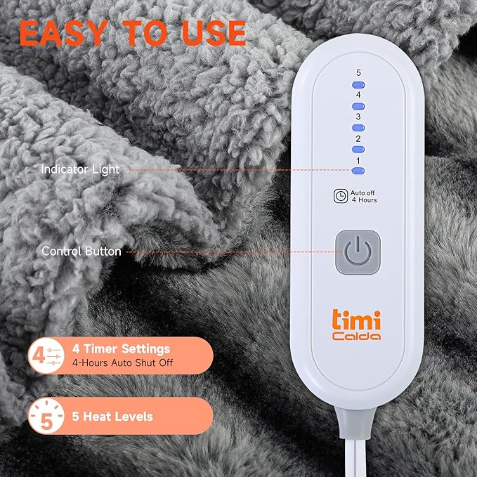 Heated Blanket Electric Twin- 62"x84" Soft Thick Faux Fur Electric Blanket for Sofa with 5 Heat Levels & 4 Hours Auto-Off Overheat Protection, Warm Cozy Gifts, Grey