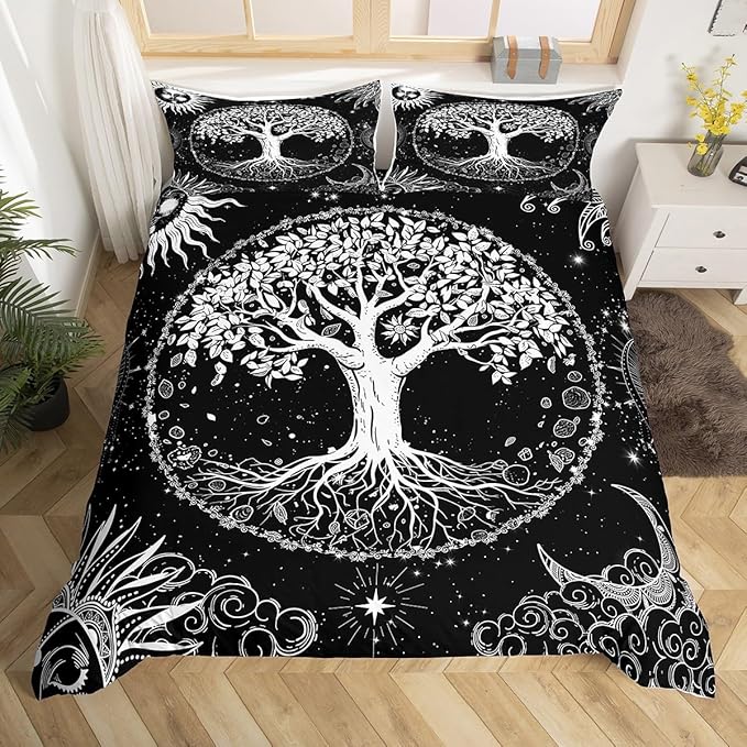 Castle Fairy Life Tree Duvet Cover Set Twin Size,Abstract Sun Moon Stars Galaxy Space Comforter Cover for Kids Boys Bedroom Gift,Psychedelic Mystic Bedding Set with 1 Pillowcase Bedspread