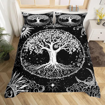 Castle Fairy Life Tree Comforter Cover Full Size,Abstract Sun Moon Stars Galaxy Space Duvet Cover with 2 Pillowcases,3 Piece,Psychedelic Mystic Polyester Bedding Set for Boys Teens Bedroom Decor