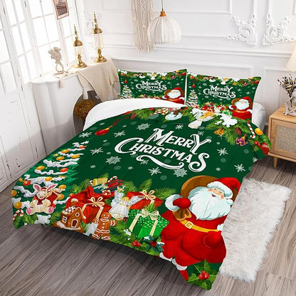 Green Christmas Comforter Set: Full Size Xmas Snowflakes Bedding Sets Cute Santa Claus Quilts Merry Christmas Tree 3 Piece Bed Set for Kids Teens Adults Bedroom Decor