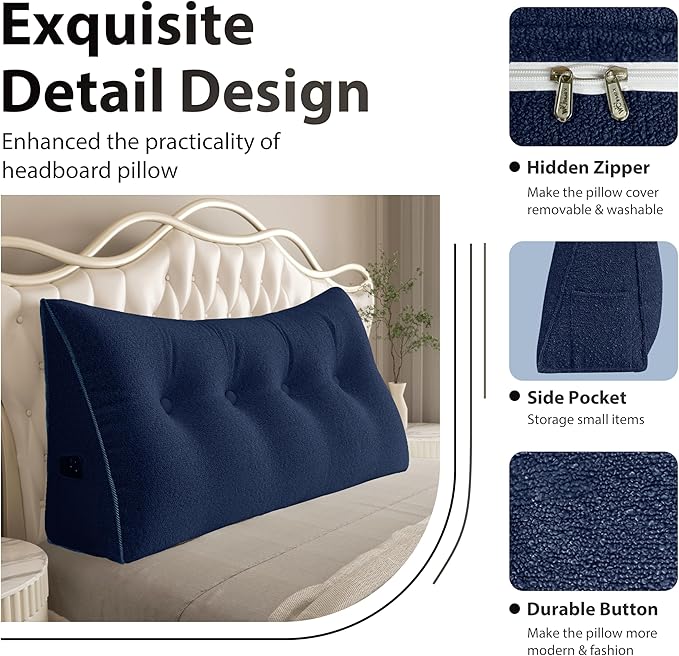 14 lbs Thickened Wedge Pillow Headboard Body Positioner Bed Wedge Pillow Backrest Support Triangular Headboard Pillow for Sleeping with Side Pocket Velvet Positioning Support Velvet Blue King