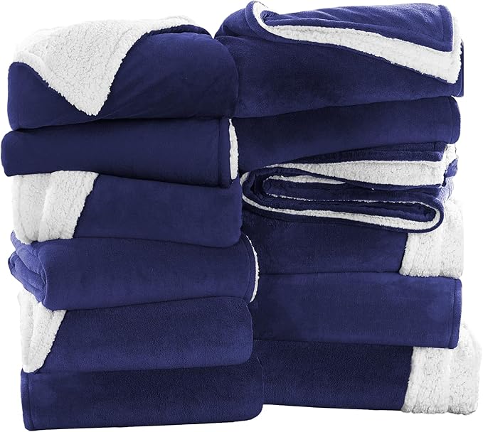IR Imperial Rooms Navy Sherpa Blankets Queen Size for Bed - Wholesale Bulk Pack of 9 Sherpa Blankets - Soft Fluffy Throw Blanket for Hotels, Guest Bedroom, 90x90 Inches