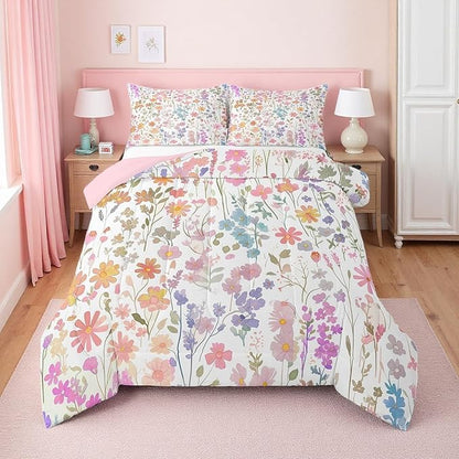 Erosebridal Cute Pink Floral Queen Bedding Set for Girls Kids Women,Colorful Boho Flower Comforter Set Farmhouse Home Decor,Watercolor Wildflower Quilt Bed Set Rustic Flowers Bed Comforter Set 3Pcs