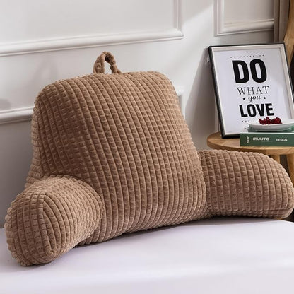 A Nice Night Reading Pillow Bed Wedge Large Adult Children Backrest with Arms Back Support for Sitting Up in Bed/Couch for Lounging Bedrest,Waffle Stereoscopic Design,Khaki