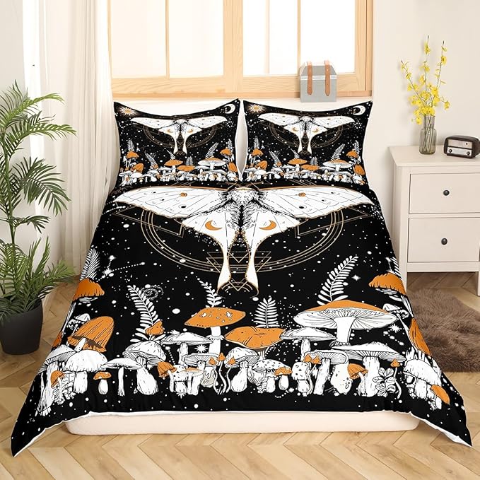 Castle Fairy Moth Plant Duvet Cover Set Twin Size,Trippy Orange Mushroom Comforter Cover for Kids Boys Bedroom Gift,Stars Sun Moon Bedding Set with 1 Pillowcase Bedspread