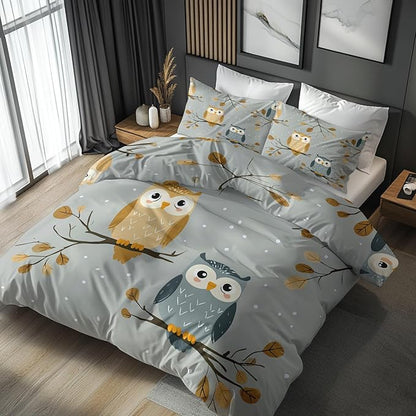 Owl Duvet Cover Queen Size, Kids Boys Girls Bedding Set 3 Pcs (2 Pillow Shams), Super Soft Microfiber Bedroom Decor, Zipper & Ties CSXQ1246