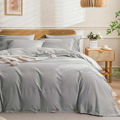 JELLYMONI Cotton Duvet Cover Cal King Size - Light Gray Comforter Cover with Button 100% Washed Cotton 3PCS Breathable Soft Solid Bedding Set Duvet Cover 104×98in & 2 Pillowcases (NO Comforter)