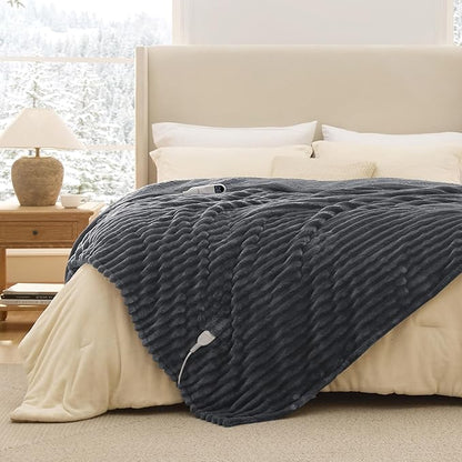 Bedsure Electric Blanket Twin - Thick Striped Flannel Electric Blanket, Heating with 10 Time Settings, 6 Heat Settings, and 8-Hour Timer Auto Shut Off, Gift for Grandma (62x84 inches, Grey)