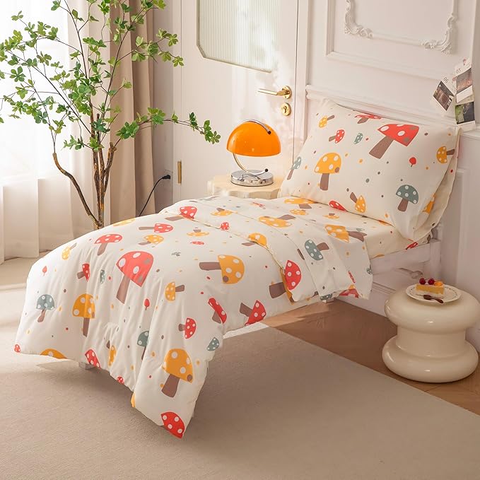 SDIII 4 Piece Mushroom Toddler Bedding Set, Soft Microfiber Botanical Bedding Toddler Bed Set with Comforter, Fitted Sheet, Flat Sheet and Pillowcase