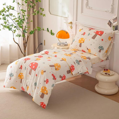 SDIII 4 Piece Mushroom Toddler Bedding Set, Soft Microfiber Botanical Bedding Toddler Bed Set with Comforter, Fitted Sheet, Flat Sheet and Pillowcase