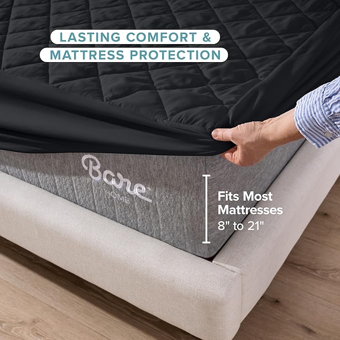 Bare Home King Quilted Fitted Mattress Pad - Cooling Mattress Cover - Easily Washable - Elastic Fitted Cover for Mattress - Stretch-to-Fit up to 15 Inches Deep (King, Black)