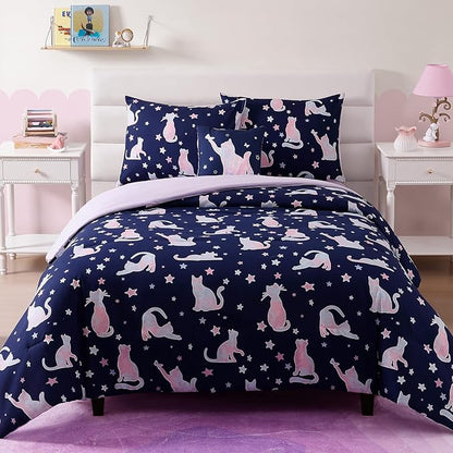 Full Size Comforter Set for Girls-4 Pieces Cute Cat Full Bedding Sets for Kids, 1 Comforter, 2 Shams and 1 Decor Pillow