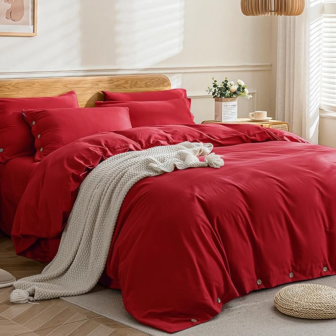 JELLYMONI Cotton Duvet Cover Queen Size - Crimson Red Comforter Cover with Button 100% Washed Cotton 3PCS Breathable Soft Solid Bedding Set Duvet Cover 90×90in & 2 Pillowcases (NO Comforter)