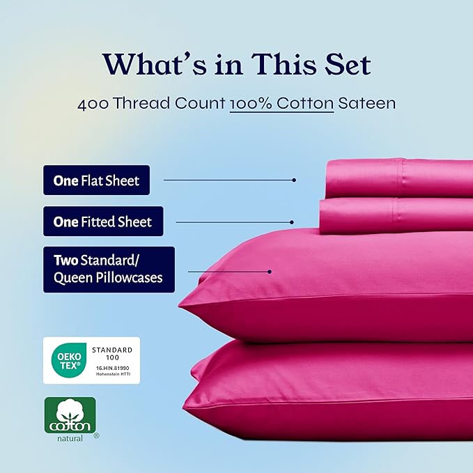 California Design Den Queen Bed Sheets Set - 400 Thread Count Sateen, Natural 100% Cotton Queen Size Sheet Set, Deep Pockets with All Around Elastic, Soft, Durable Bedding - Hot Pink