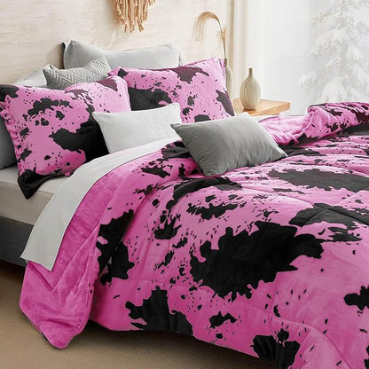 Petrichor Velvet Flannel Queen Comforter Set-Cow Print Western Style Blanket,Luxury Fuzzy Heavy Bedding Set, 3 Pieces Plush Winter Bed Set with Comforter (90"x90") & 2 Pillow Shams (20"x26")