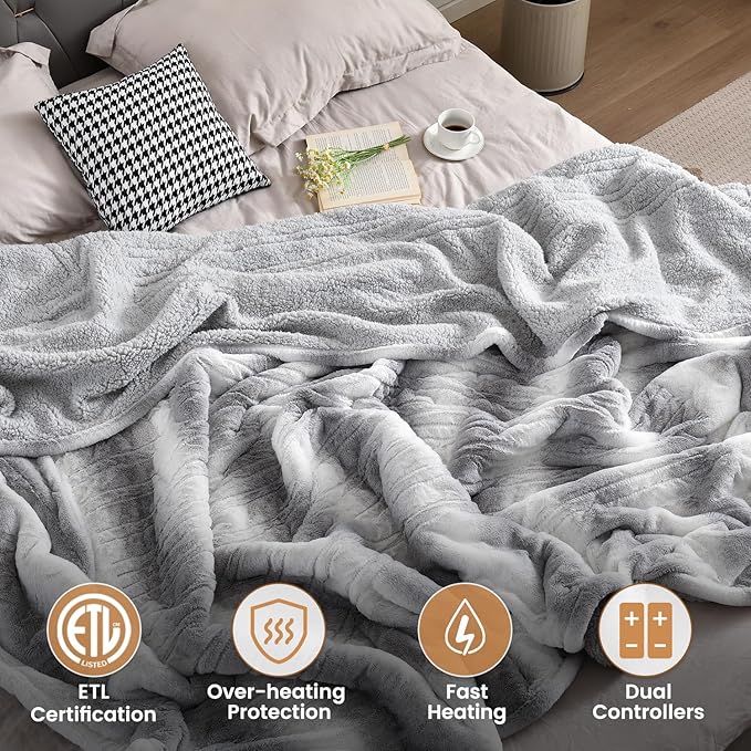 Bearhug Electric Blanket King Size 100" x 90" Dual Controllers Heated Blanket, 10 Heat Settings, 1-12 Hour Auto Shut-Off, Faux Fur & Sherpa Dual-Sided, Machine Washable, Gift-Ready Elegant Packaging
