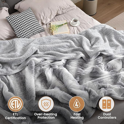 Bearhug Electric Blanket King Size 100" x 90" Dual Controllers Heated Blanket, 10 Heat Settings, 1-12 Hour Auto Shut-Off, Faux Fur & Sherpa Dual-Sided, Machine Washable, Gift-Ready Elegant Packaging