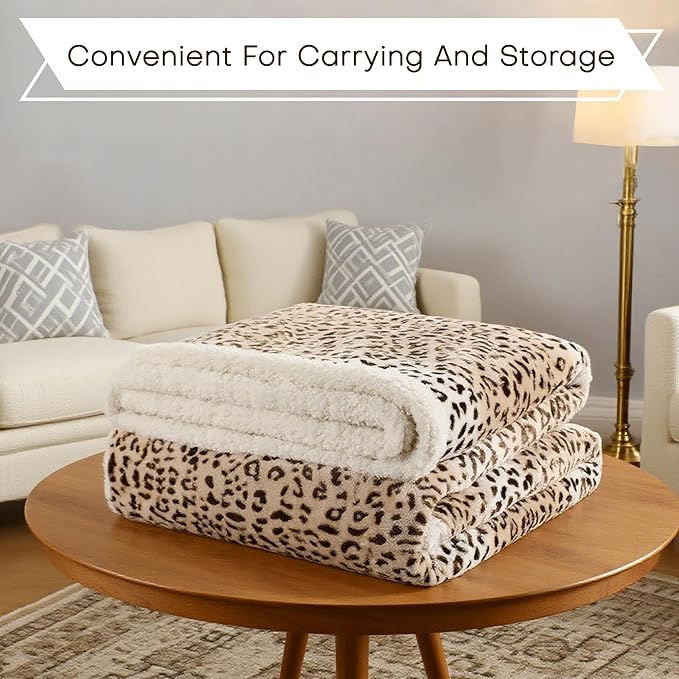 Electric Heated Blanket Throw Size 50"x60" - Microplush & Sherpa Fabric Dual-Sided, 6 Heat Settings & 3 Hours Auto Off, Cozy Warming Throw for Office or Bed, Machine Washable, Beige Leopard Print