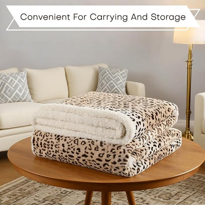 Electric Heated Blanket Twin Size 62"x84" - Microplush & Sherpa Fabric Dual-Sided, 6 Heat Settings & 10 Hours Auto Off, Cozy Warming Throw for Office or Bed, Machine Washable, Beige Leopard Print