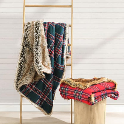 HORIMOTE HOME Luxury Plush Faux Fur Throw Blanket with Red Plaid Pattern, Super Warm, Fuzzy, Elegant, Fluffy Decoration Christmas Holiday Blanket for Couch, Armchair, Sofa and Bed, 50''x 60''